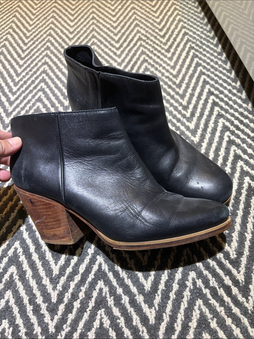 Rachel Comey Black Leather Ankle Boots with Wood Block Heel